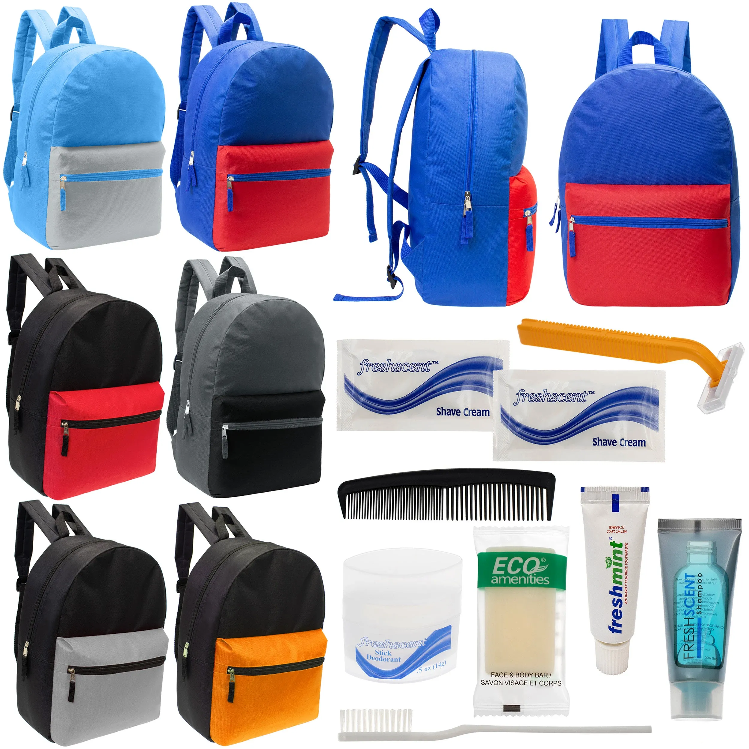 12 17" Classic Backpacks in 6 Two Tone Colors & Your Choice of 12 Bulk Hygiene Kits - Wholesale Care Package: Homeless, Emergency, Charity