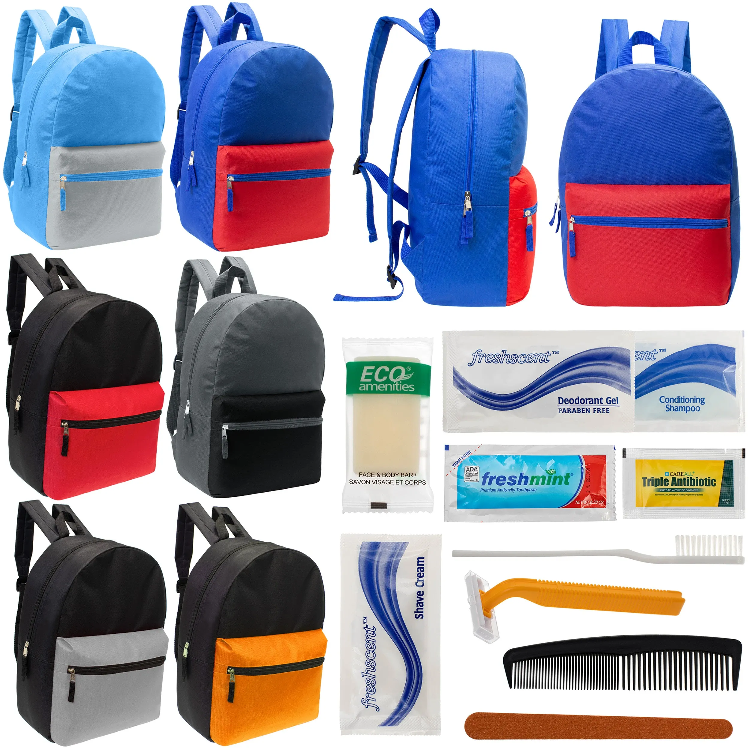 12 17" Classic Backpacks in 6 Two Tone Colors & Your Choice of 12 Bulk Hygiene Kits - Wholesale Care Package: Homeless, Emergency, Charity