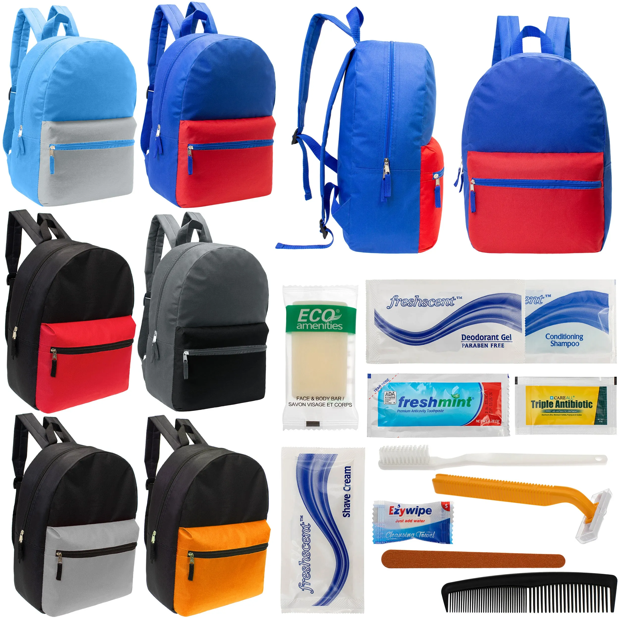 12 17" Classic Backpacks in 6 Two Tone Colors & Your Choice of 12 Bulk Hygiene Kits - Wholesale Care Package: Homeless, Emergency, Charity