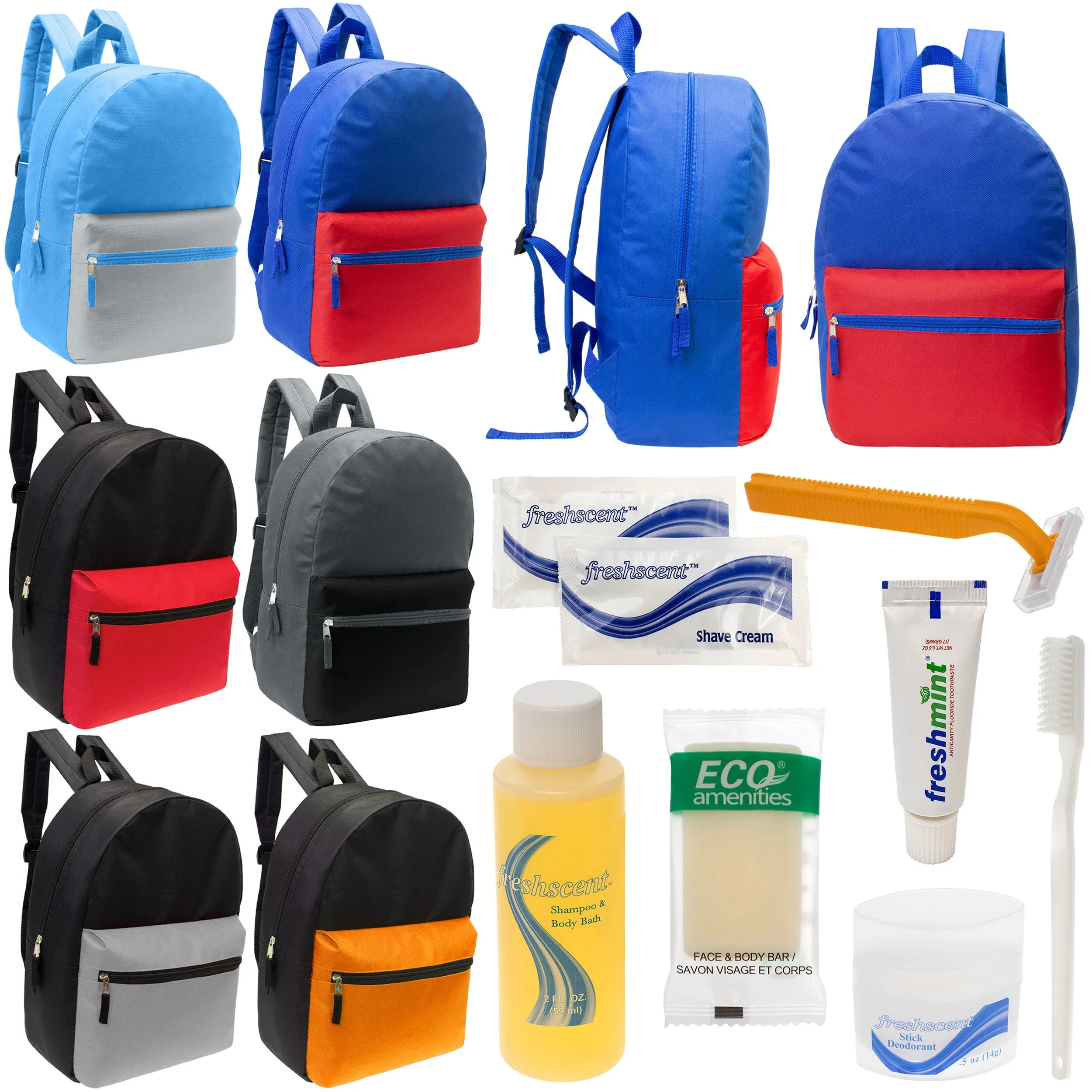 12 17" Classic Backpacks in 6 Two Tone Colors & Your Choice of 12 Bulk Hygiene Kits - Wholesale Care Package: Homeless, Emergency, Charity