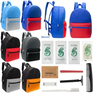 12 17" Classic Backpacks in 6 Two Tone Colors & Your Choice of 12 Bulk Hygiene Kits - Wholesale Care Package: Homeless, Emergency, Charity