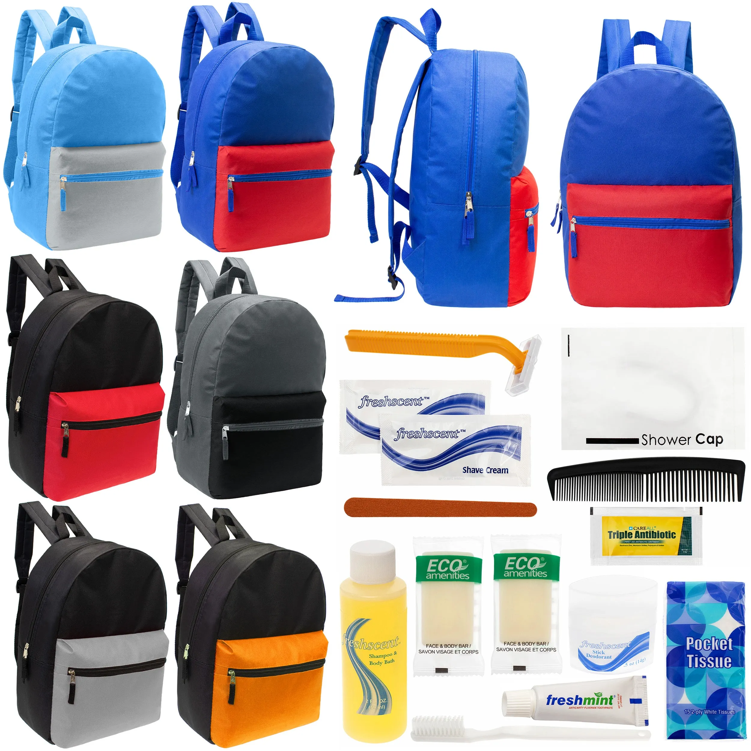 12 17" Classic Backpacks in 6 Two Tone Colors & Your Choice of 12 Bulk Hygiene Kits - Wholesale Care Package: Homeless, Emergency, Charity