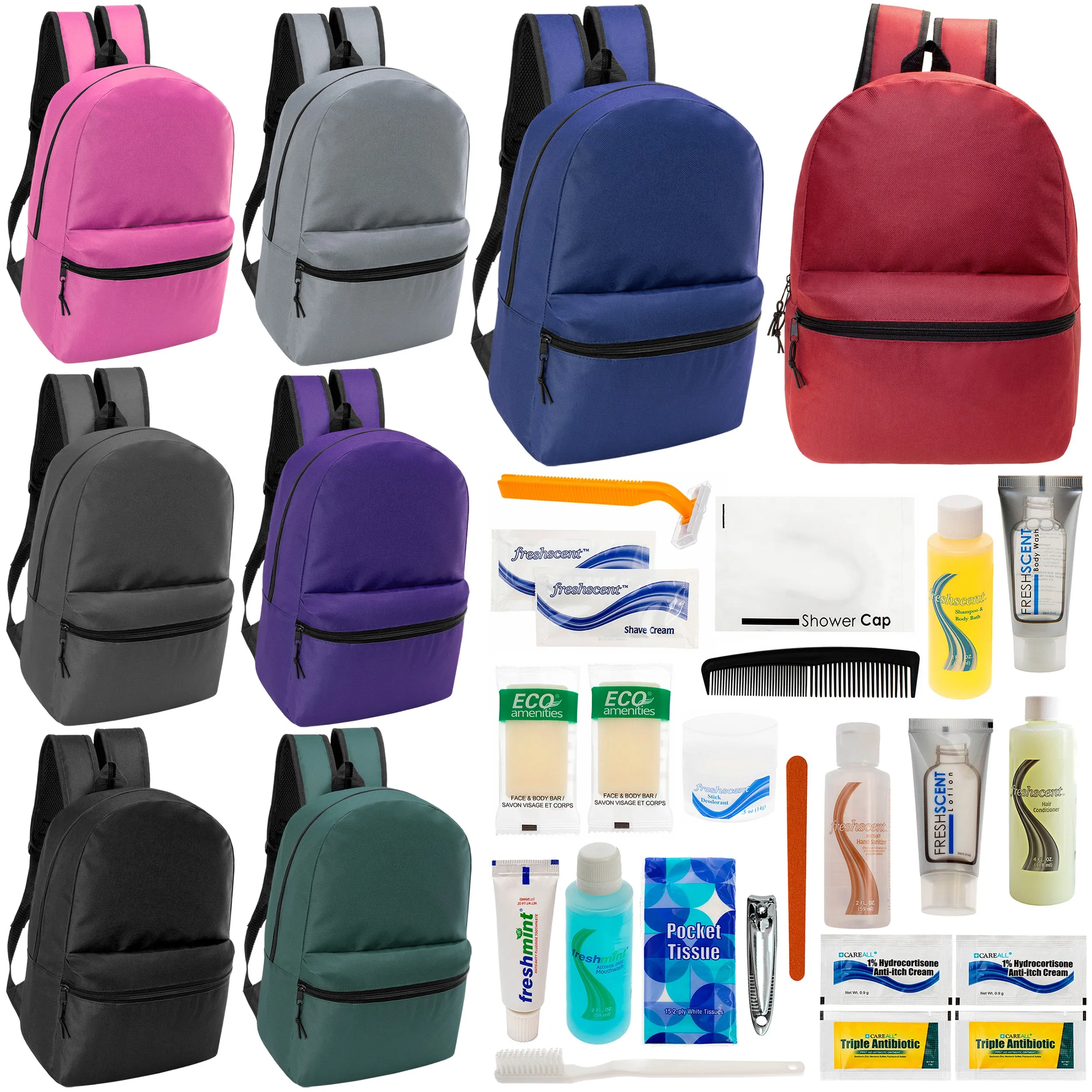 12 17" Classic Backpacks in 8 Assorted Colors & Your Choice of 12 Bulk Hygiene Kits - Wholesale Care Package: Homeless, Emergency, Charity