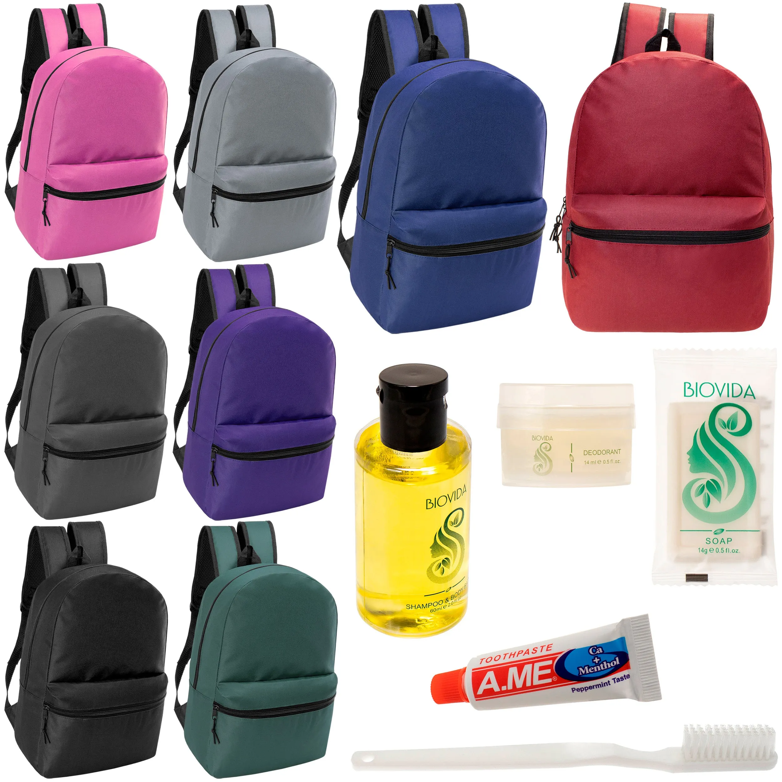 12 17" Classic Backpacks in 8 Assorted Colors & Your Choice of 12 Bulk Hygiene Kits - Wholesale Care Package: Homeless, Emergency, Charity