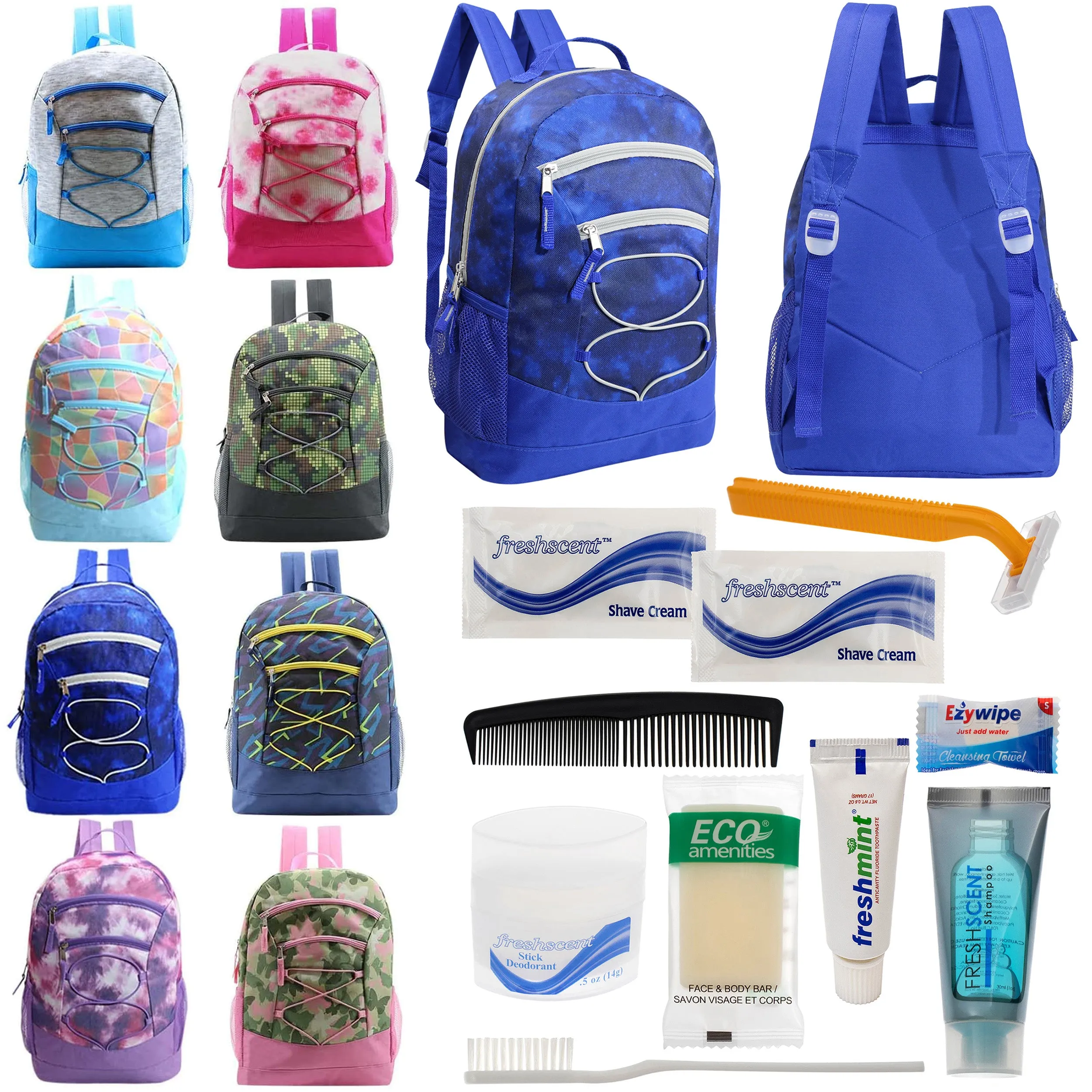 12 Bungee 17" Backpacks in 8 Colors & Your Choice of 12 Bulk Hygiene Kits - Wholesale Care Package: Homeless, Emergency, Charity