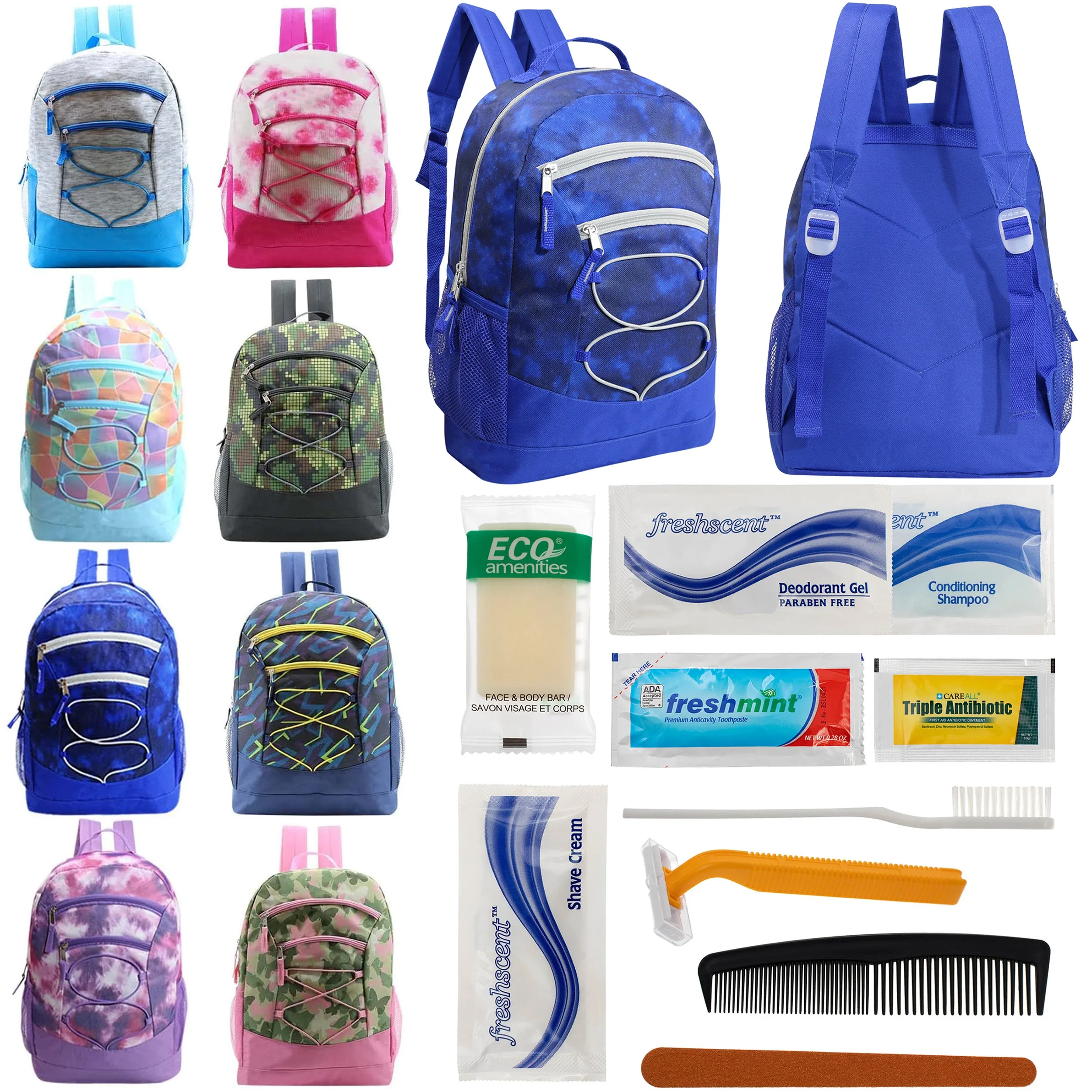 12 Bungee 17" Backpacks in 8 Colors & Your Choice of 12 Bulk Hygiene Kits - Wholesale Care Package: Homeless, Emergency, Charity