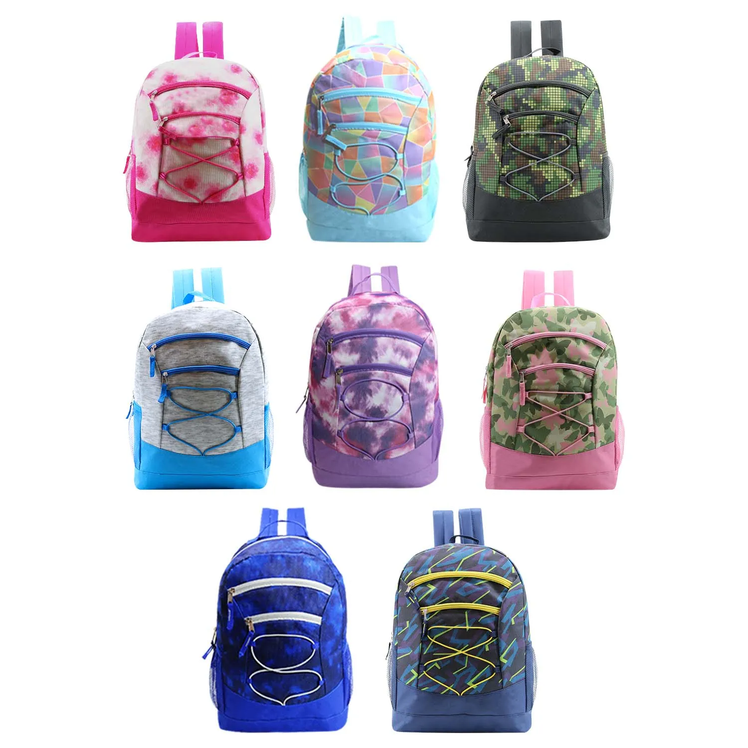 12 Bungee 17" Backpacks in 8 Colors & Your Choice of 12 Bulk Hygiene Kits - Wholesale Care Package: Homeless, Emergency, Charity