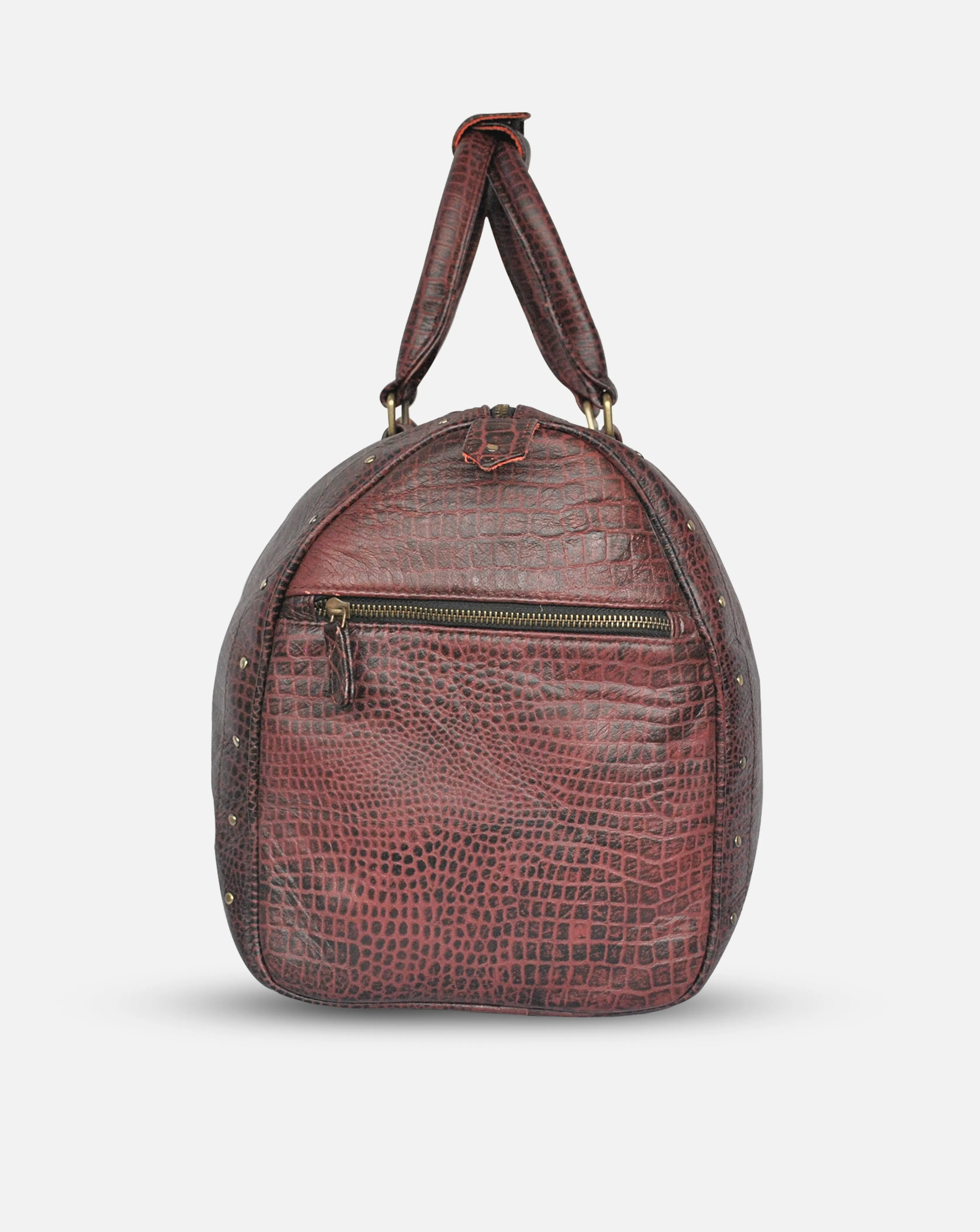 Alfred- Maroon Leather Croc Print Duffel - Luggage Bag