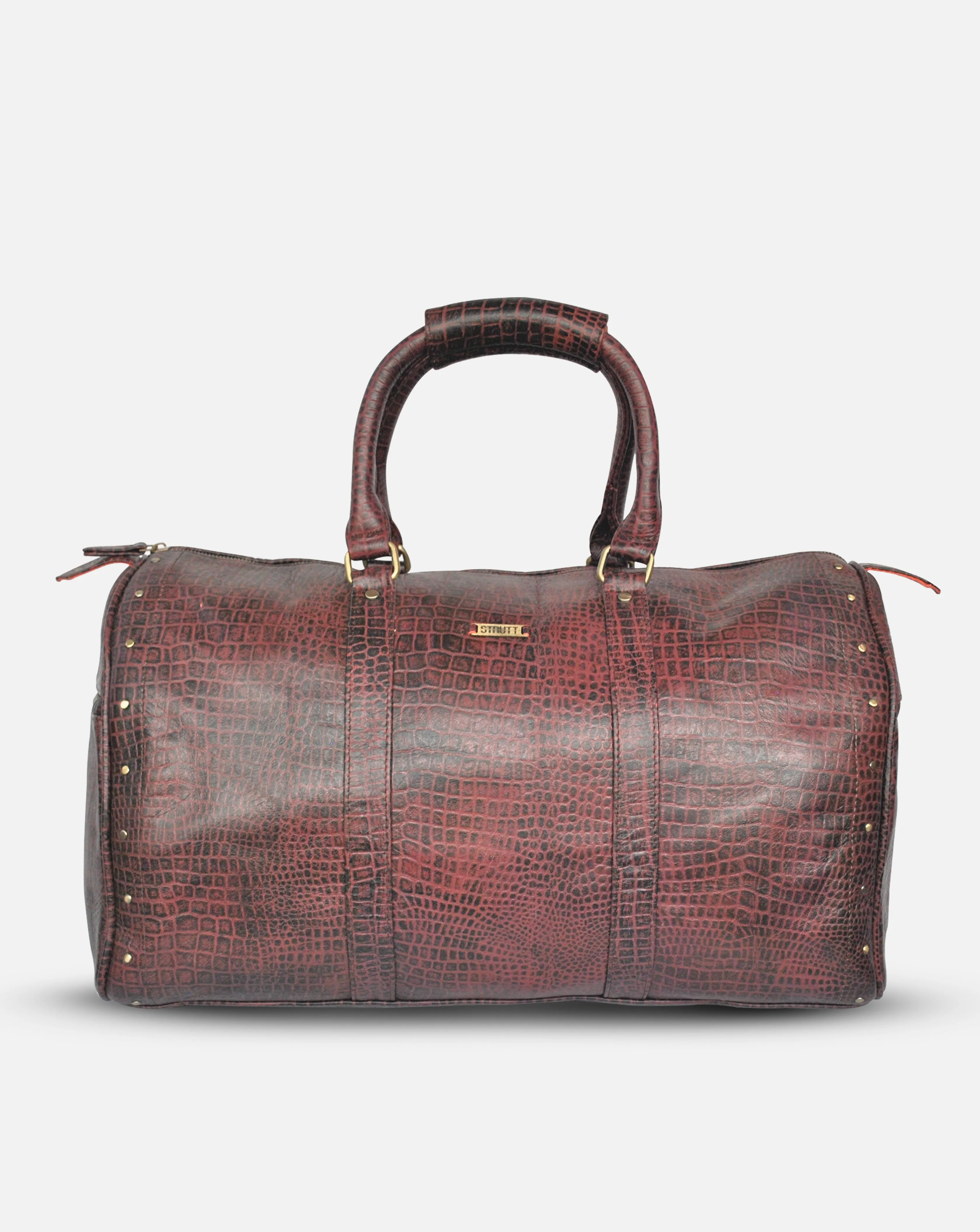 Alfred- Maroon Leather Croc Print Duffel - Luggage Bag