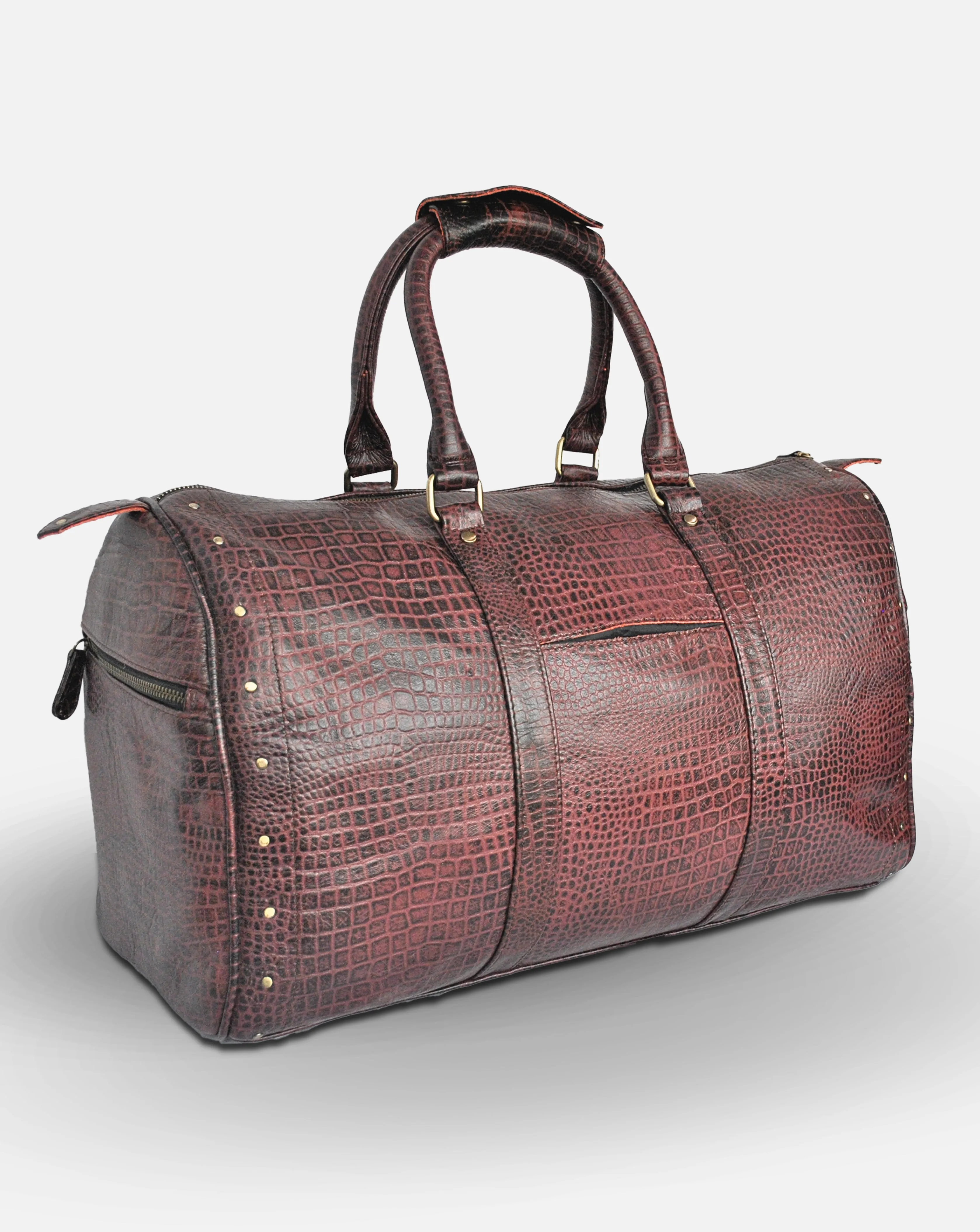 Alfred- Maroon Leather Croc Print Duffel - Luggage Bag