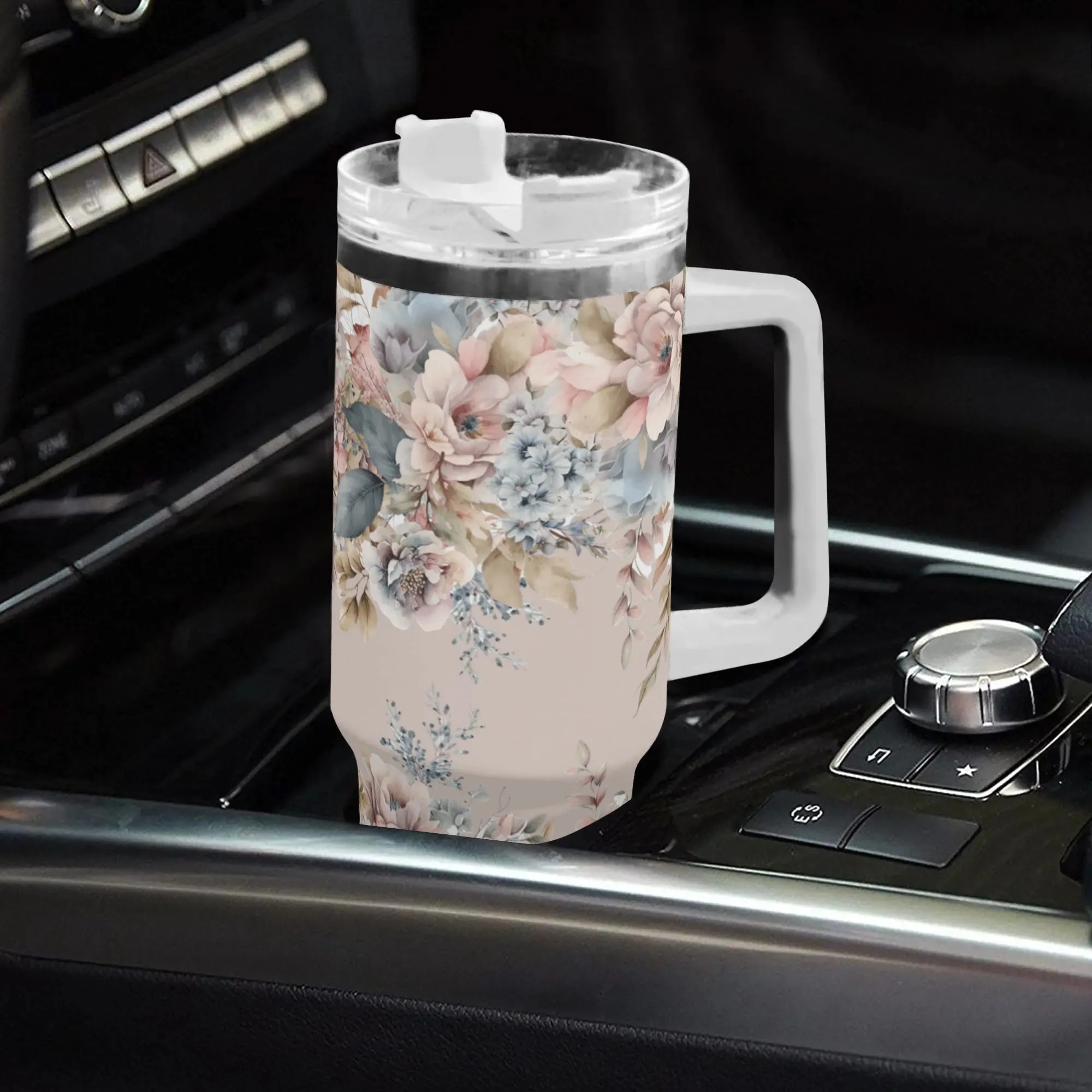 Beautiful Floral Design 40oz Stainless Steel Tumbler With Handle and Straw