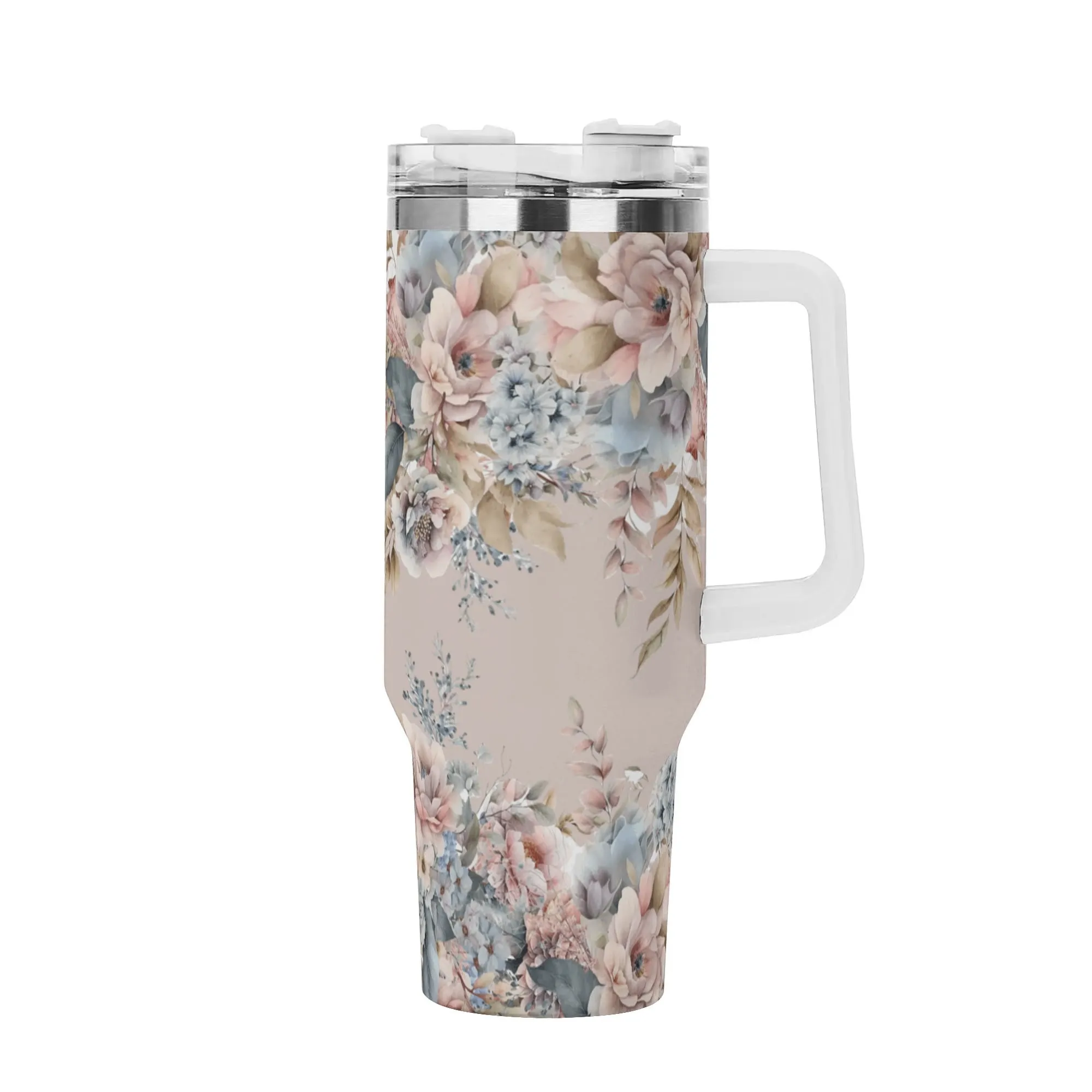 Beautiful Floral Design 40oz Stainless Steel Tumbler With Handle and Straw