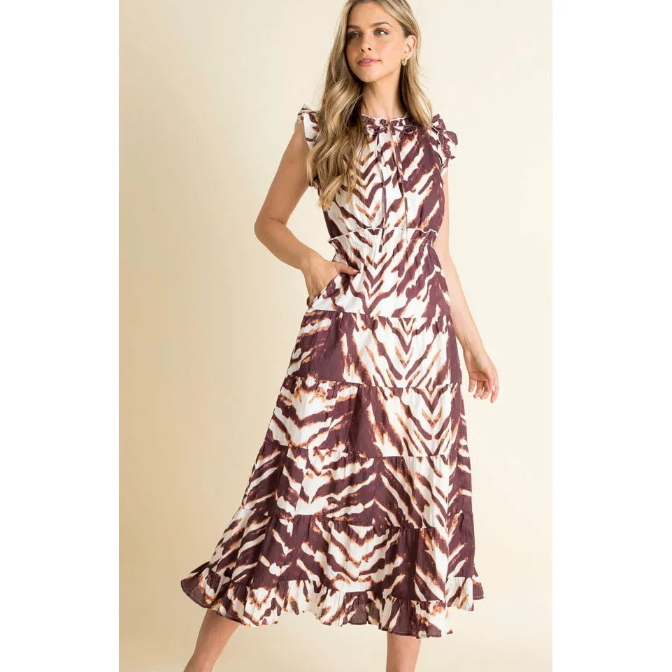 Faith Brown Cream Ruffle Tiered Long Printed Dress-SALE