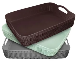 Heart Home Q-3 Designer Plastic Storage Basket For Store Fruits, Vegetables, Magazines, Cosmetics, Stationary Pack of 3 (Brown & Green & Grey)-50HH01520