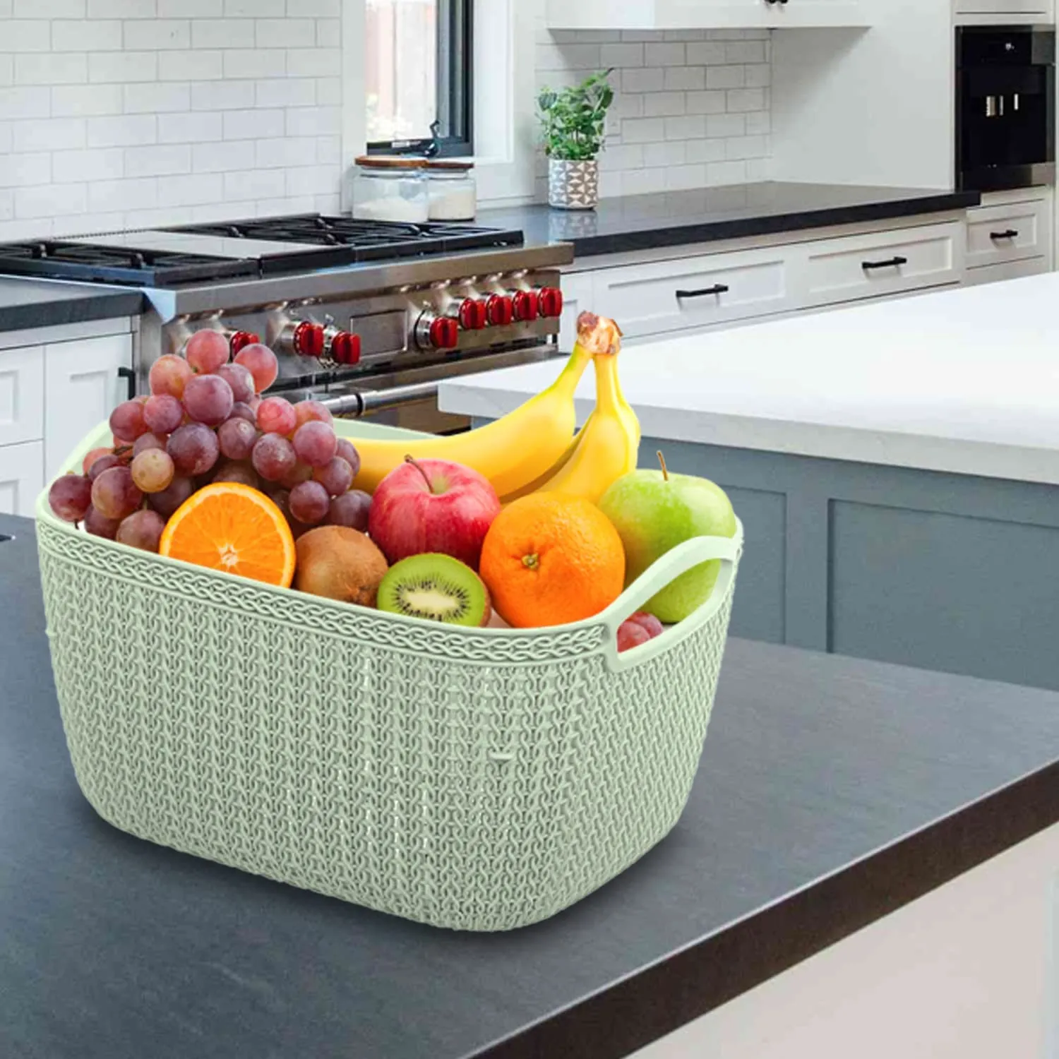 Heart Home Q-5 Designer Plastic Storage Basket For Store Fruits, Vegetables, Magazines, Cosmetics, Stationary Pack of 3 (Green)-50HH01626