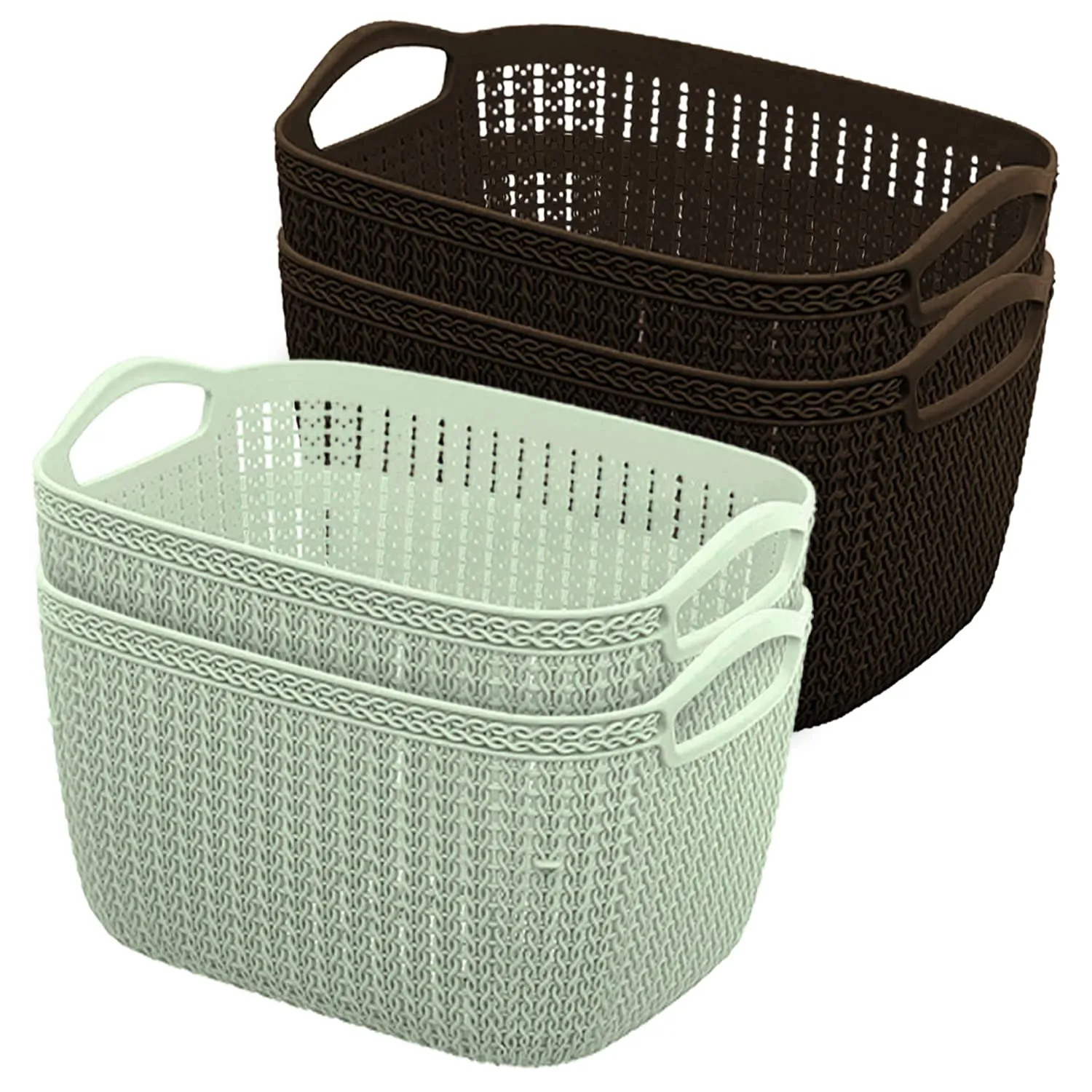 Heart Home Q-5 Multiuses Designer Unbreakable Plastic Storage Basket/Organizer/Bin For Home, Kitchen, Bathroom, Office Use Pack of 4 (Green & Brown)-50HH01647