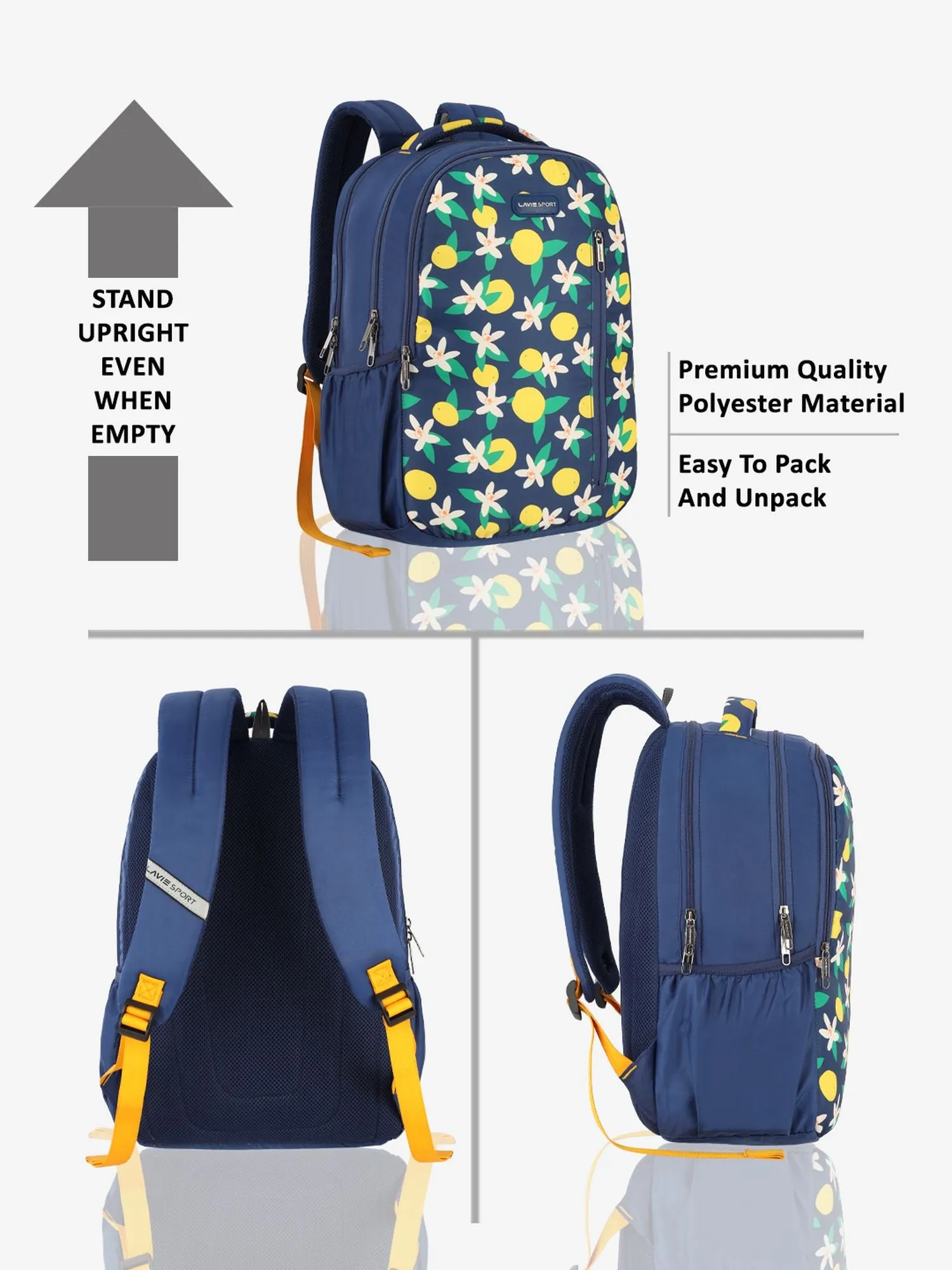 Lavie Sport Lime 26L Floral Printed School Backpack for Girls Navy