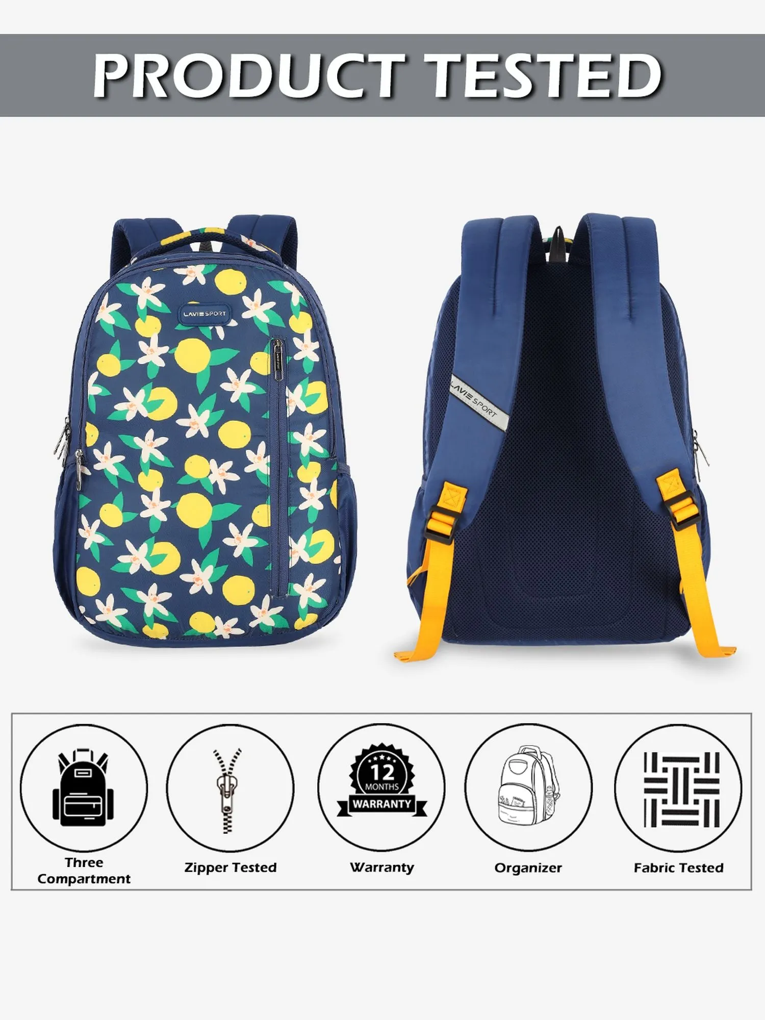 Lavie Sport Lime 26L Floral Printed School Backpack for Girls Navy