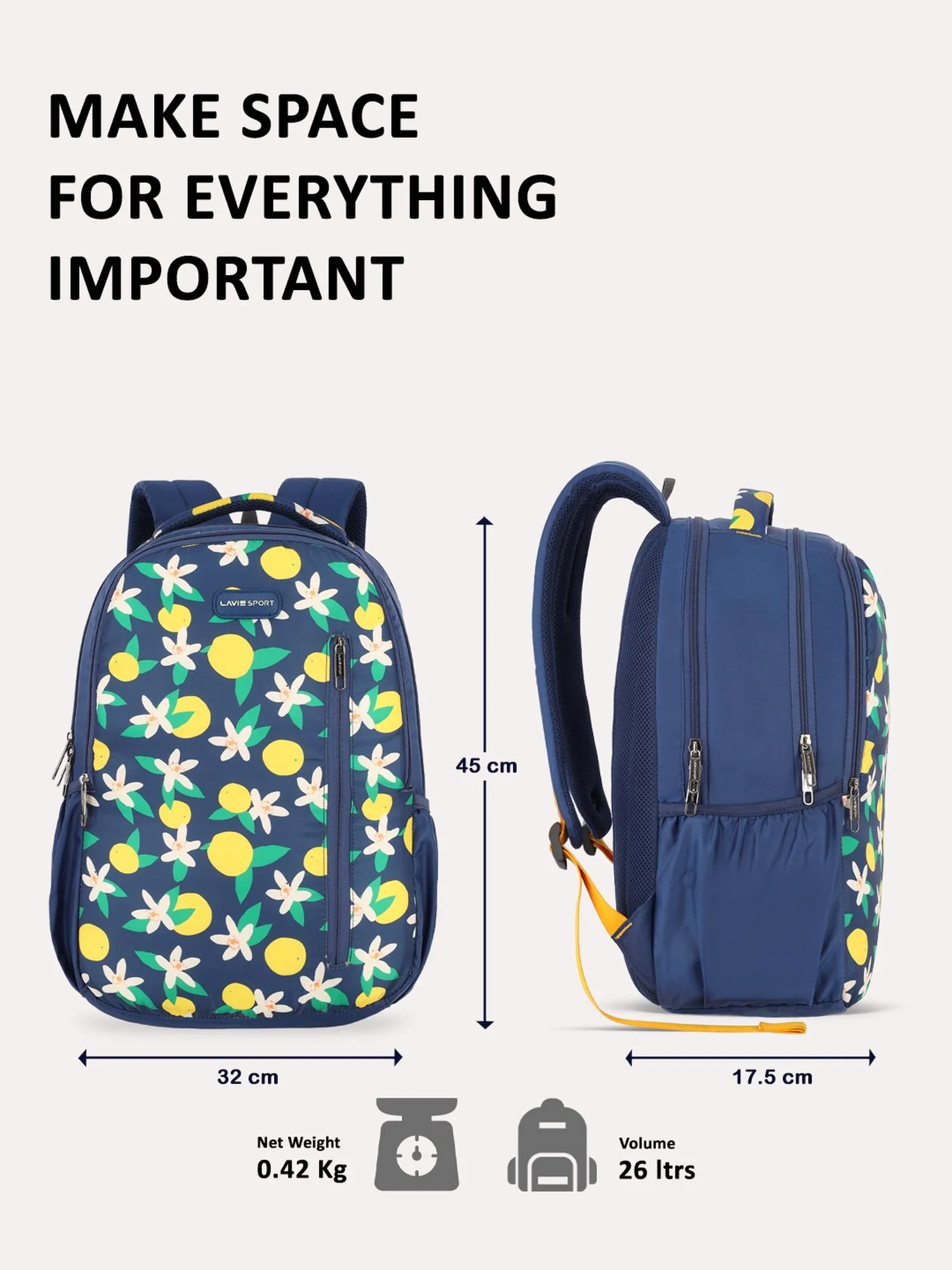 Lavie Sport Lime 26L Floral Printed School Backpack for Girls Navy