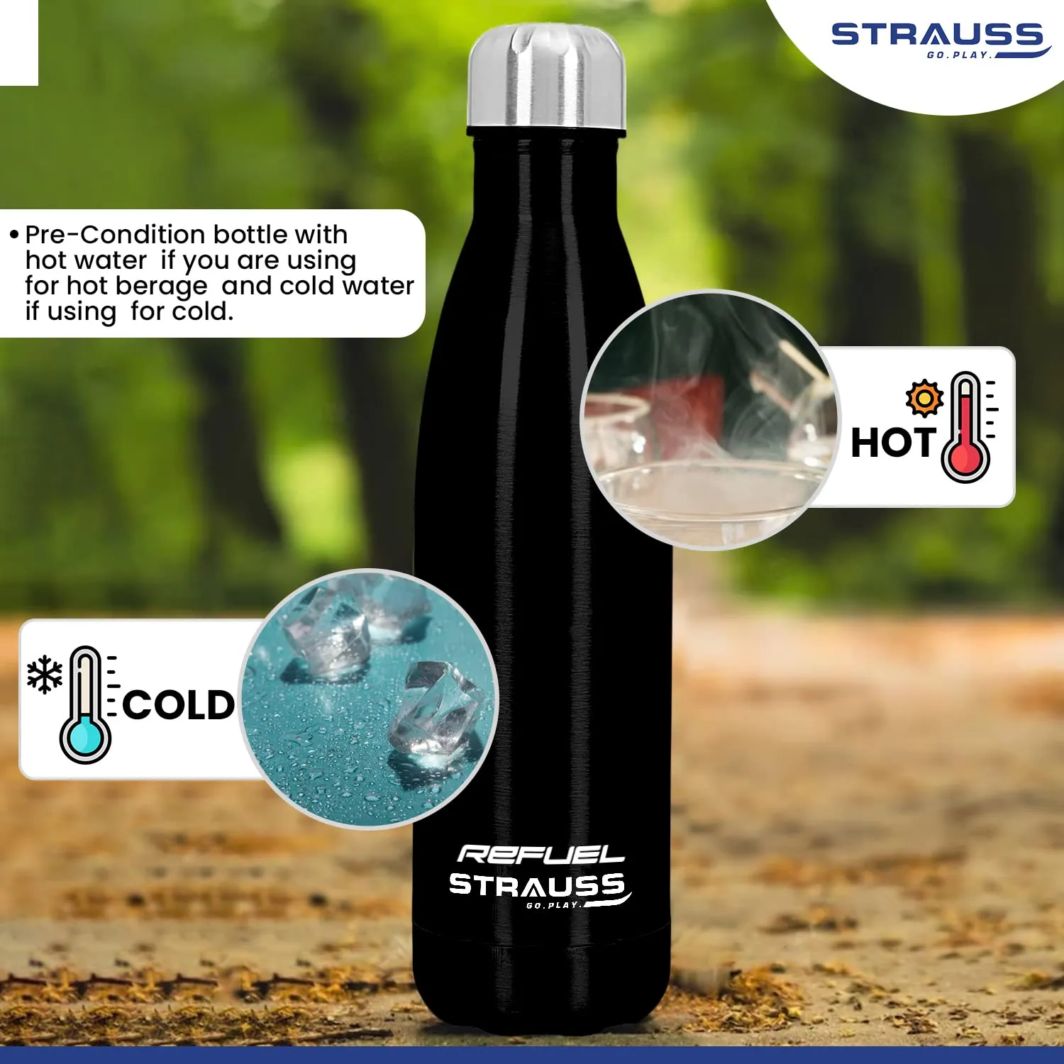 Strauss Refuel Steel Water Bottle | Leak Proof & Rust Free | Ideal for Office, Gym, Sports, Kitchen, Hiking, Trekking & Travel | Vacuum Insulated,(Black)