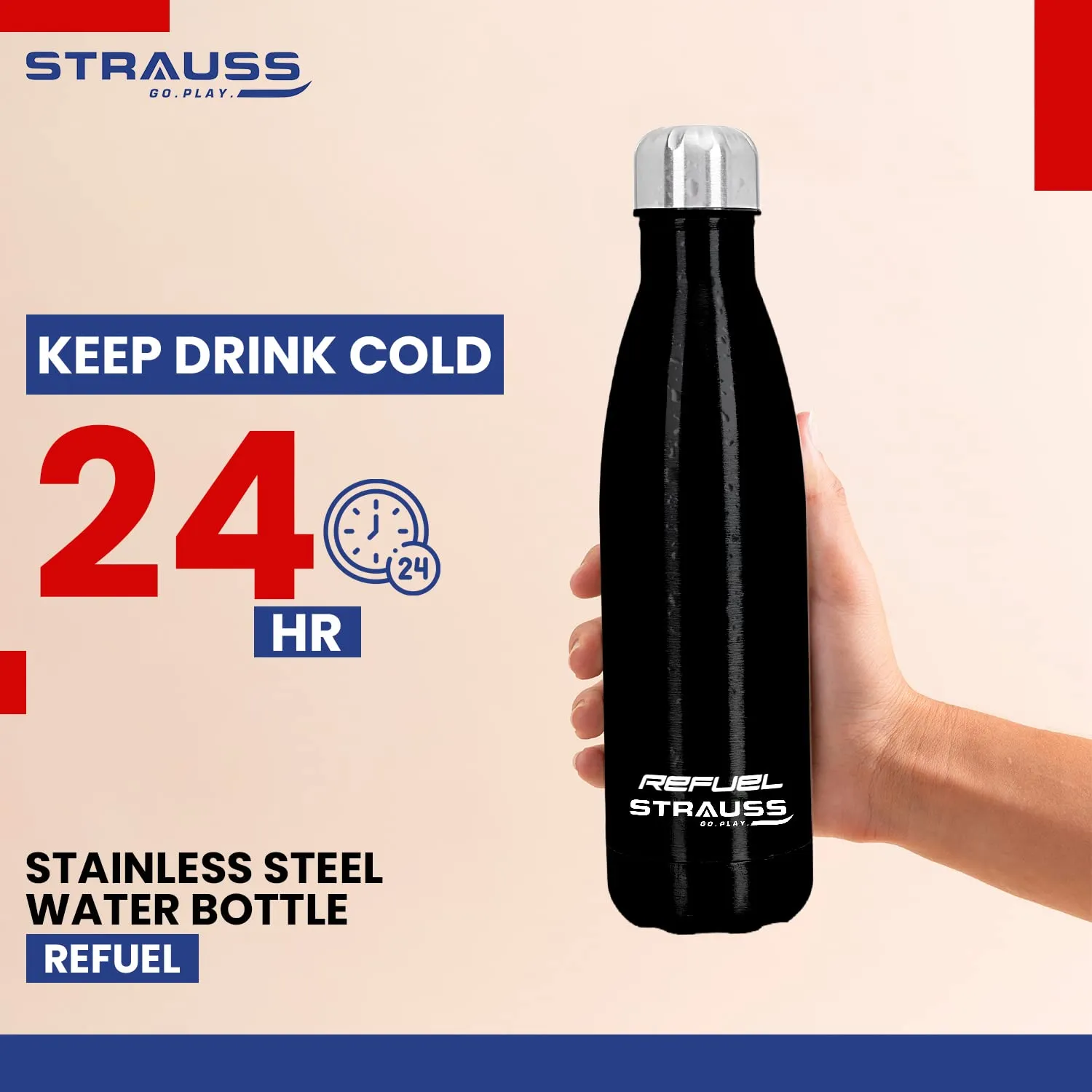 Strauss Refuel Steel Water Bottle | Leak Proof & Rust Free | Ideal for Office, Gym, Sports, Kitchen, Hiking, Trekking & Travel | Vacuum Insulated,(Black)