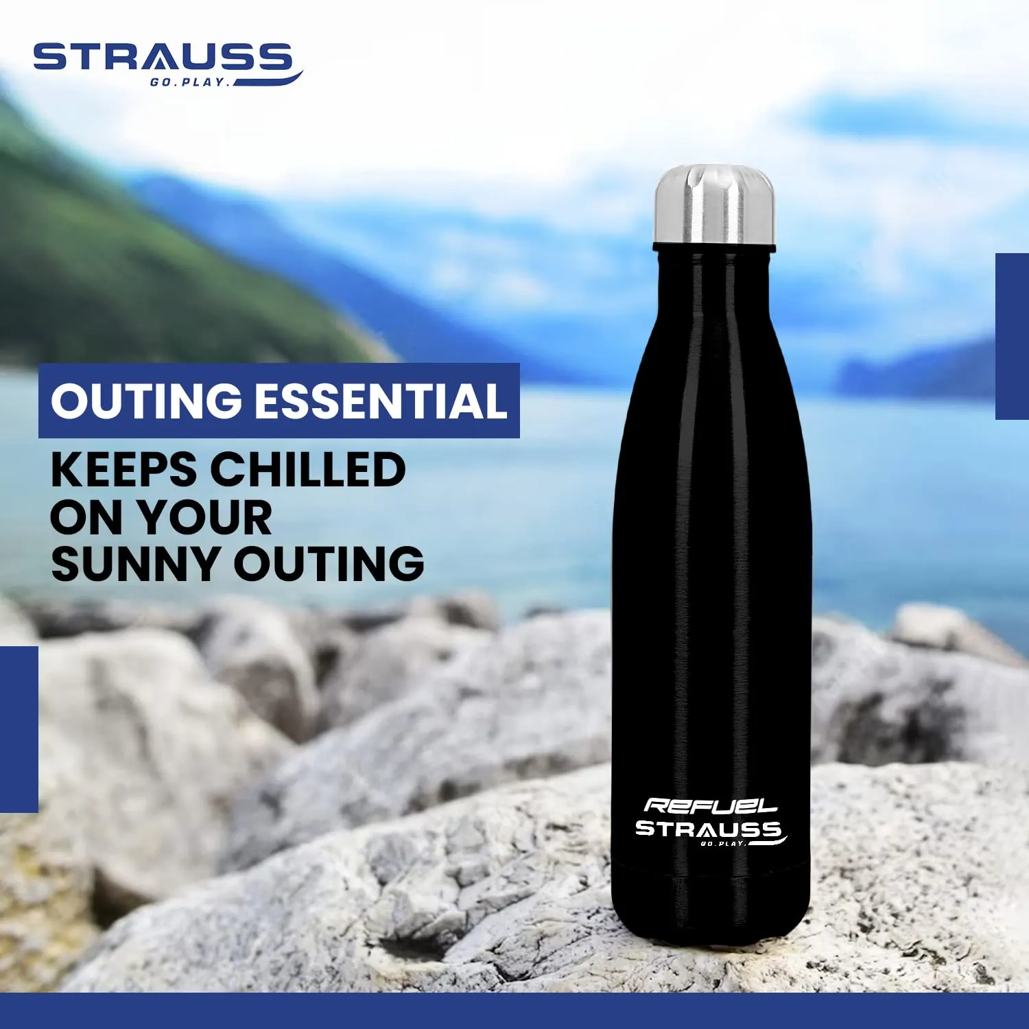 Strauss Refuel Steel Water Bottle | Leak Proof & Rust Free | Ideal for Office, Gym, Sports, Kitchen, Hiking, Trekking & Travel | Vacuum Insulated,(Black)