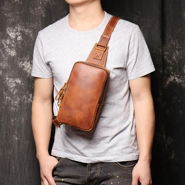 Unisex Leather Chest Bag Large Capacity Sling Bag Mens Leather Unbalance Backpack Mens Leather Motorcycle Bag LJ1078