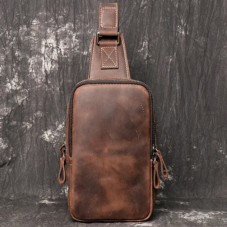 Unisex Leather Chest Bag Large Capacity Sling Bag Mens Leather Unbalance Backpack Mens Leather Motorcycle Bag LJ1078