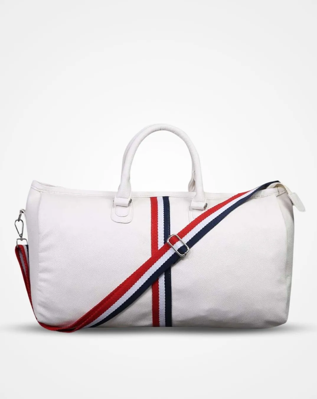 White Duffel / Luggage Bag with Red and Blue Stripes