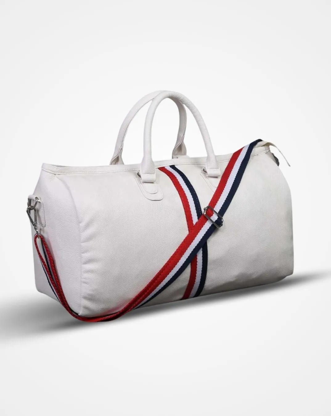 White Duffel / Luggage Bag with Red and Blue Stripes